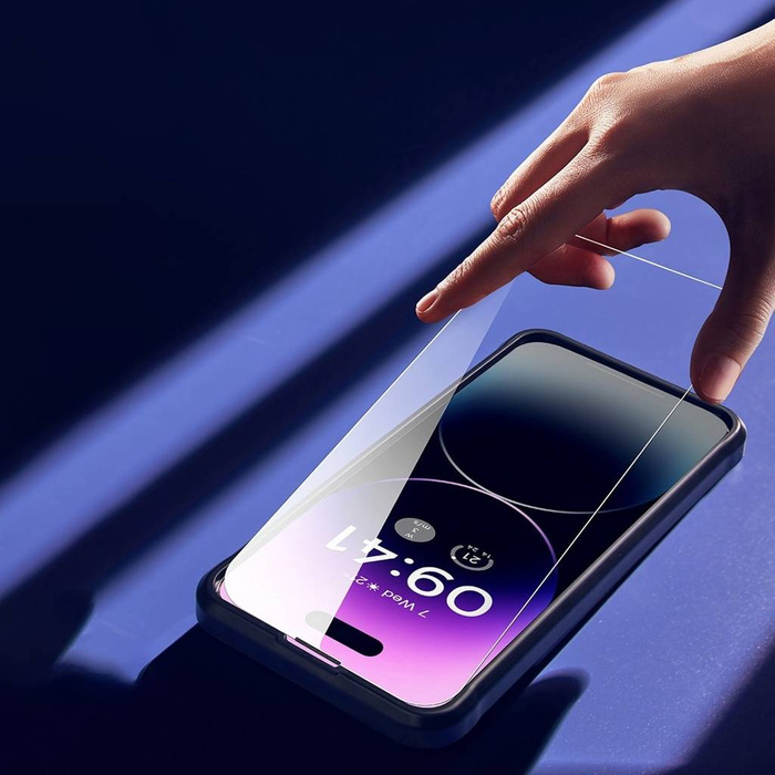 Baseus szkło hartowane do iPhone 14 Pro Max na cały ekran z filtrem Anti Blue Light i osłoną na głośnik 0.3mm + ramka montażowa