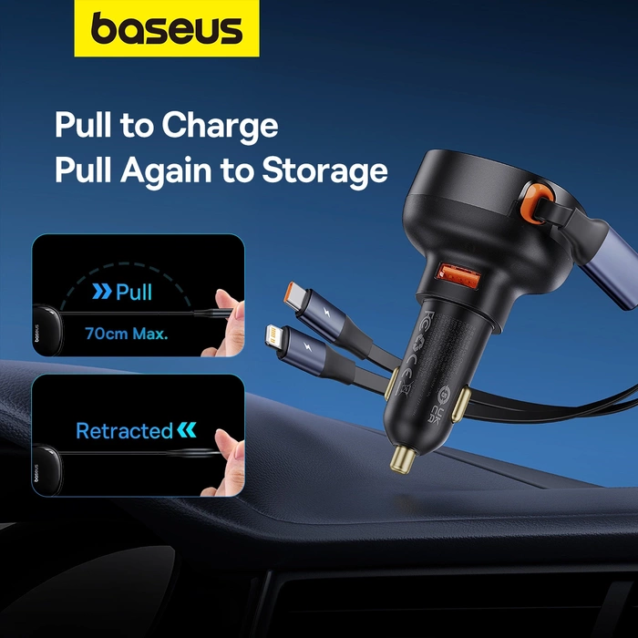 Ładowarka samochodowa Baseus Enjoyment USB z kablem USB-C i Lightning 60W (czarna)