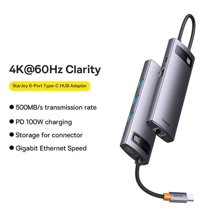 Baseus StarJoy HUB 6w1 USB Typ C - 3x USB / HDMI / RJ45 (1Gbps) / USB Typ C PD szary (WKWG080013)