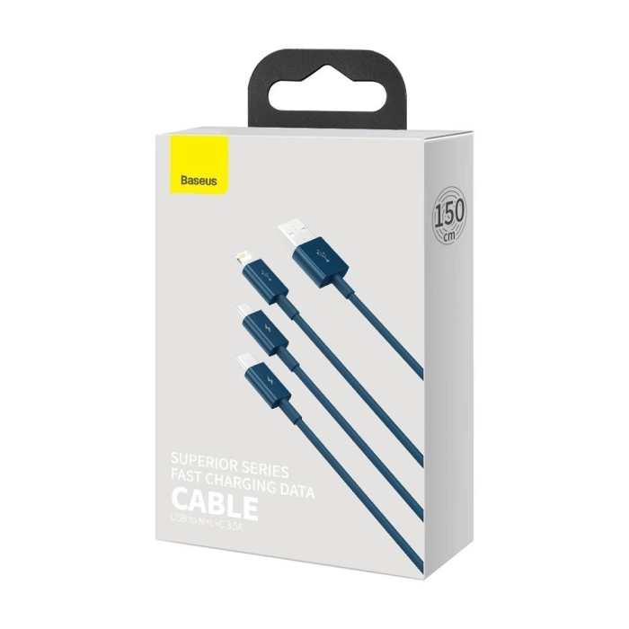 Kabel Baseus Superior 3w1USB - Lightning / USB Typ C / micro USB 3,5 A 1,5 m niebieski (CAMLTYS-03)