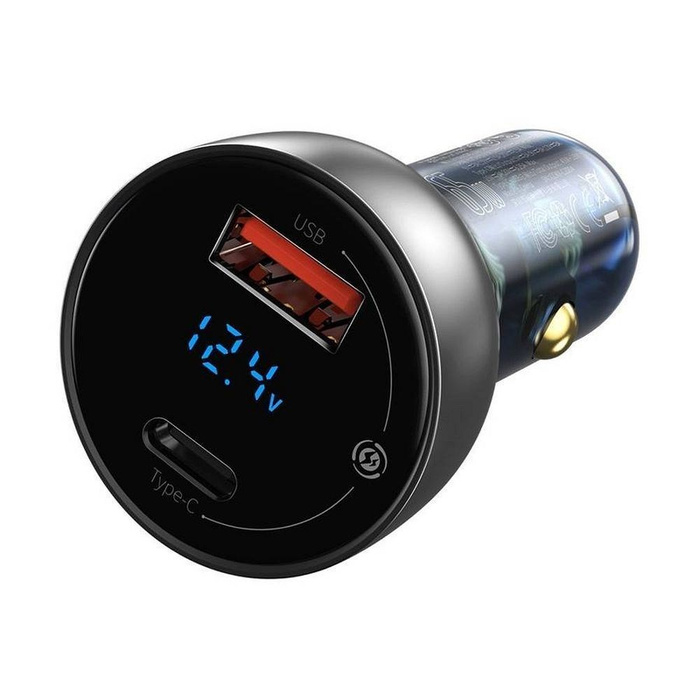 Baseus ładowarka samochodowa USB / USB Typ C 65 W 5 A SCP Quick Charge 4.0+ Power Delivery 3.0 ekran LCD szary (CCKX-C0G)