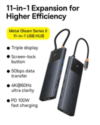 HUB USB 11w1 Baseus Metal Gleam Series II USB-A/USB-C PD/HDMI/DP/RJ45/SD/TF - czarny