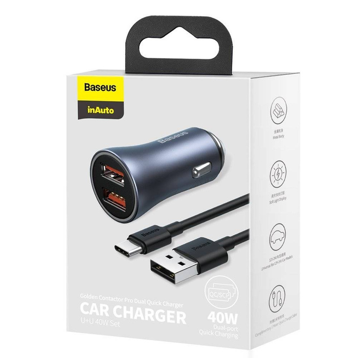 [PO ZWROCIE] Baseus Golden Contactor Pro szybka ładowarka samochodowa 2x USB 40 W Quick Charge SCP FCP AFC + kabel USB - USB Typ C szary (TZCCJD-A0G)