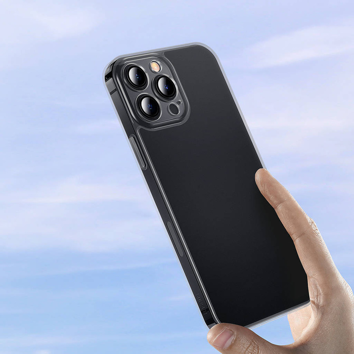 Baseus Frosted Glass Case etui pokrowiec do iPhone 13 Pro Max sztywna obudowa z żelową ramką czarny (ARWS001101)