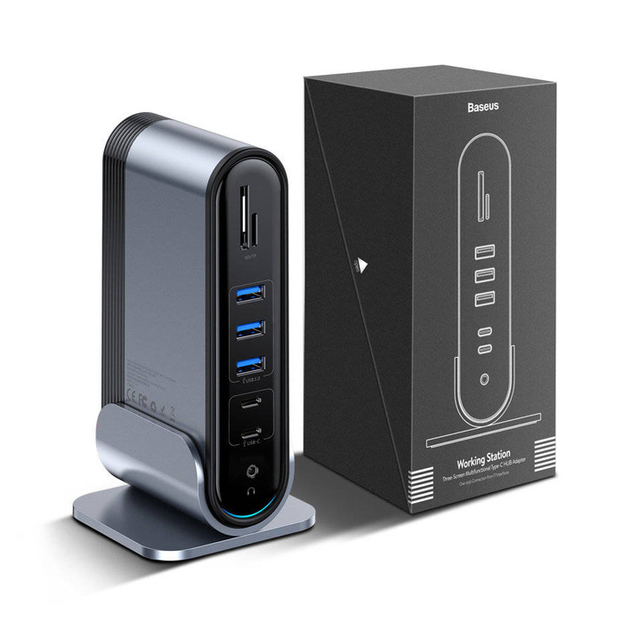 Baseus wielofunkcyjny HUB 3x USB 3.2 Gen 1 / 2x USB 2.0 / 2x USB Typ C / czytnik kart SD i micro SD / AUX / 3x HDMI / RJ45 1Gbps Power Delivery 100W (wtyczki EU / CN / UK) szary (CAHUB-DG0G)