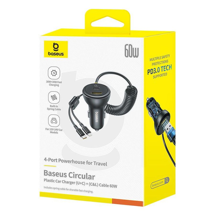 Ładowarka samochodowa BASEUS CIRCULAR PD 1xUSB-C 1xUSB 60W + KABEL USB-C/LIGHTNING BLACK