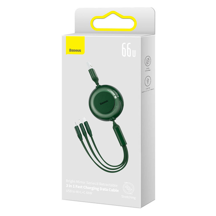 Baseus Bright Mirror 2 zwijany kabel przewód 3w1 USB Typ A - micro USB + Lightning + USB Typ C 66W 1.1m zielony (CAMJ010106)